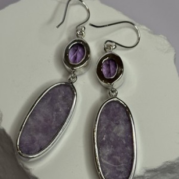 925 Sterling Silver Lepidolite & Amethyst Earrings Length 2.5 Inch