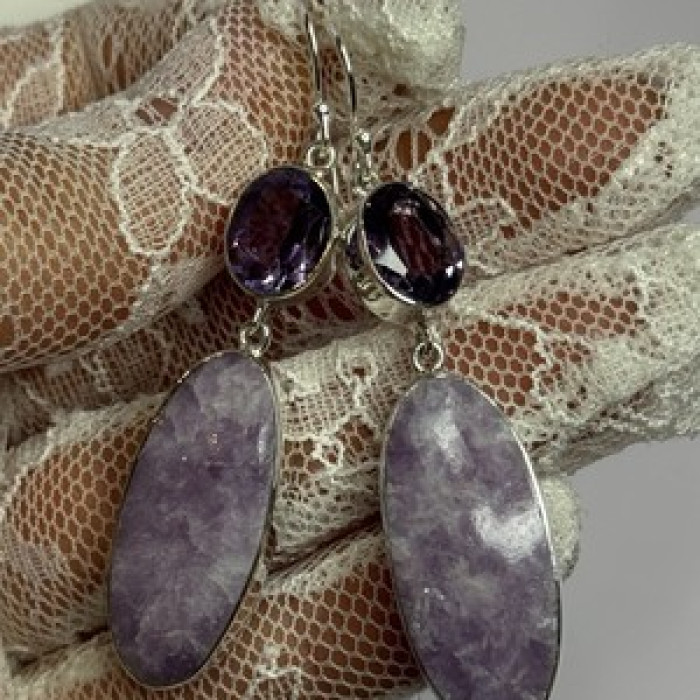 925 Sterling Silver Lepidolite & Amethyst Earrings Length 2.5 Inch