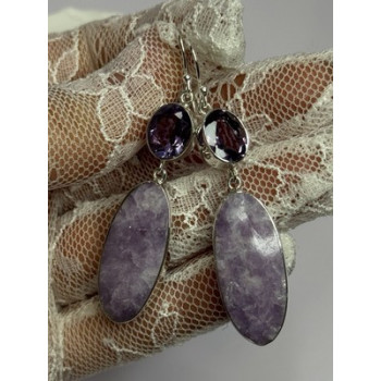 925 Sterling Silver Lepidolite & Amethyst Earrings Length 2.5 Inch