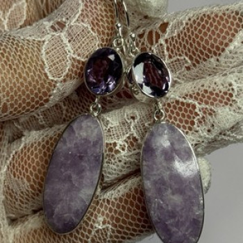 925 Sterling Silver Lepidolite & Amethyst Earrings Length 2.5 Inch