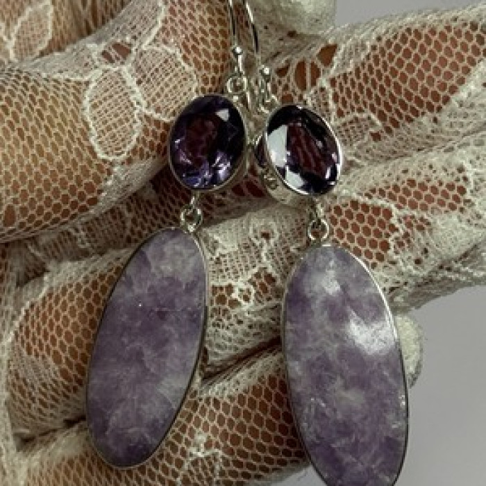 925 Sterling Silver Lepidolite & Amethyst Earrings Length 2.5 Inch