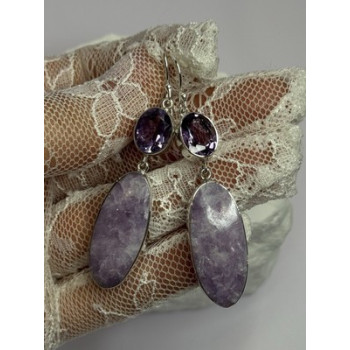 925 Sterling Silver Lepidolite & Amethyst Earrings Length 2.5 Inch