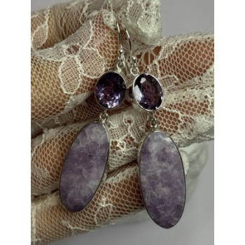 925 Sterling Silver Lepidolite & Amethyst Earrings Length 2.5 Inch