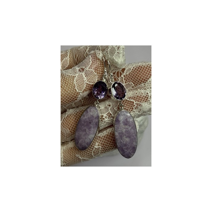 925 Sterling Silver Lepidolite & Amethyst Earrings Length 2.5 Inch