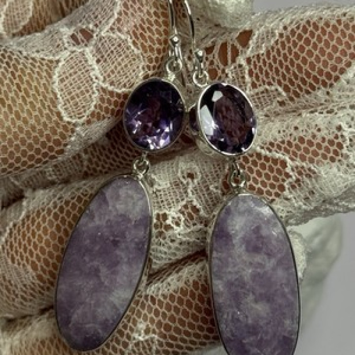 925 Sterling Silver Lepidolite & Amethyst Earrings Length 2.5 Inch