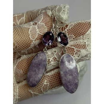 925 Sterling Silver Lepidolite & Amethyst Earrings Length 2.5 Inch