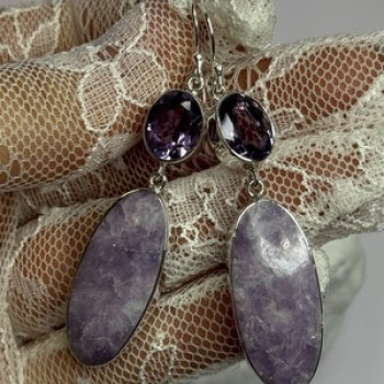 925 Sterling Silver Lepidolite & Amethyst Earrings Length 2.5 Inch