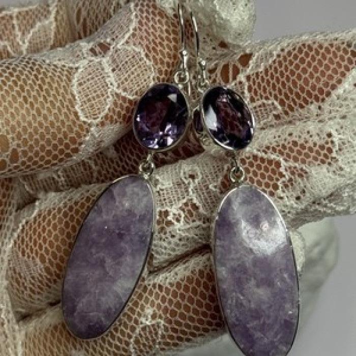 925 Sterling Silver Lepidolite & Amethyst Earrings Length 2.5 Inch