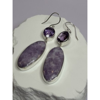 925 Sterling Silver Lepidolite & Amethyst Earrings Length 2.5 Inch