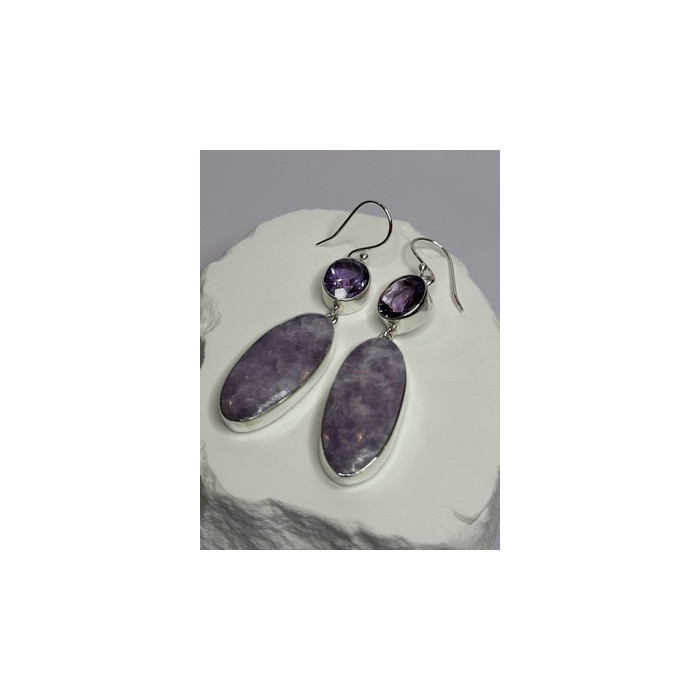 925 Sterling Silver Lepidolite & Amethyst Earrings Length 2.5 Inch
