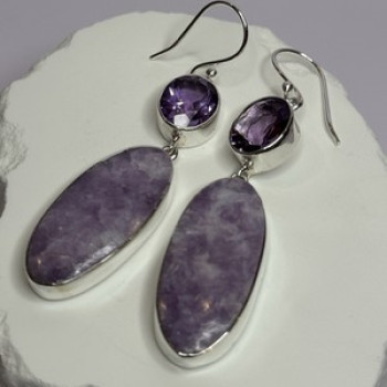 925 Sterling Silver Lepidolite & Amethyst Earrings Length 2.5 Inch