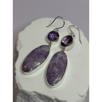 925 Sterling Silver Lepidolite & Amethyst Earrings Length 2.5 Inch