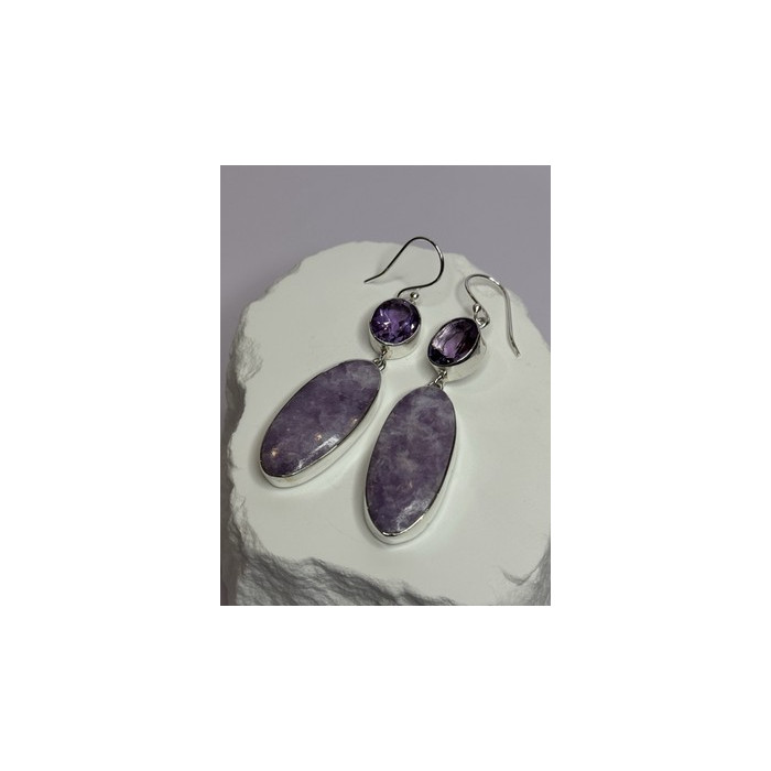 925 Sterling Silver Lepidolite & Amethyst Earrings Length 2.5 Inch