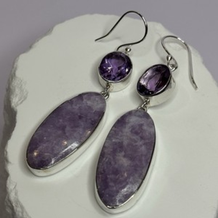 925 Sterling Silver Lepidolite & Amethyst Earrings Length 2.5 Inch
