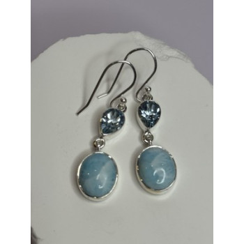 925 Sterling Silver Larimar & Topaz Earrings Length 1.7 Inch
