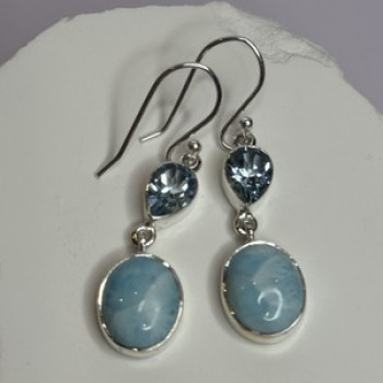 925 Sterling Silver Larimar & Topaz Earrings Length 1.7 Inch