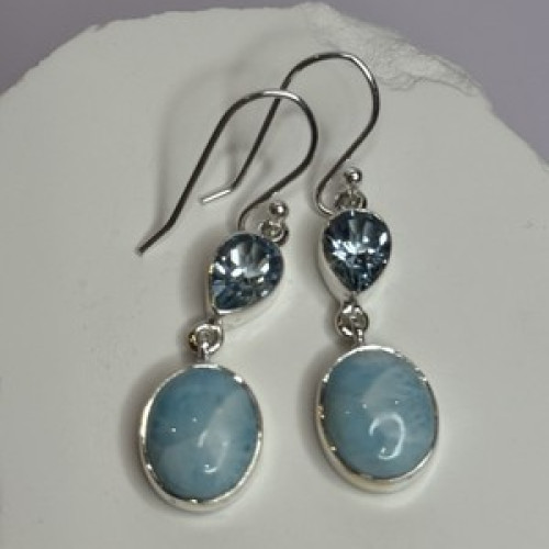 925 Sterling Silver Larimar & Topaz Earrings Length 1.7 Inch
