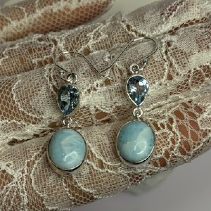 925 Sterling Silver Larimar & Topaz Earrings Length 1.7 Inch