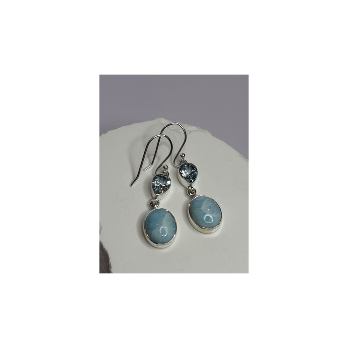 925 Sterling Silver Larimar & Topaz Earrings Length 1.7 Inch