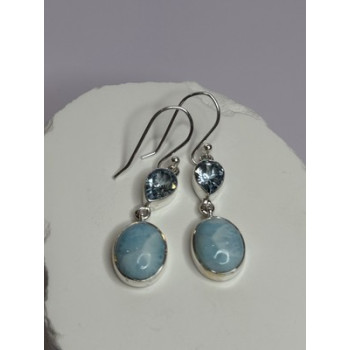 925 Sterling Silver Larimar & Topaz Earrings Length 1.7 Inch