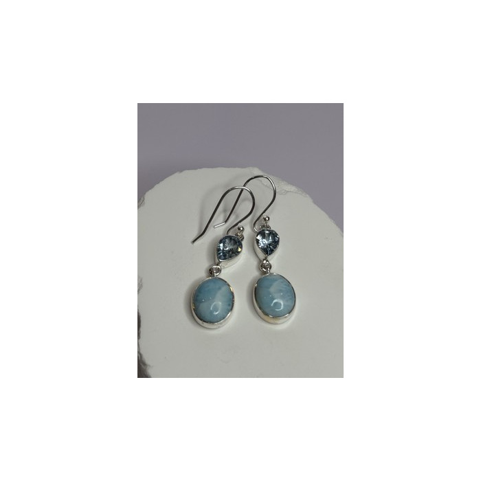 925 Sterling Silver Larimar & Topaz Earrings Length 1.7 Inch