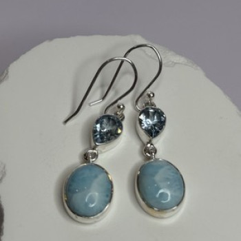 925 Sterling Silver Larimar & Topaz Earrings Length 1.7 Inch