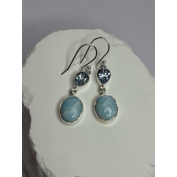 925 Sterling Silver Larimar & Topaz Earrings Length 1.7 Inch