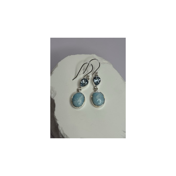 925 Sterling Silver Larimar & Topaz Earrings Length 1.7 Inch