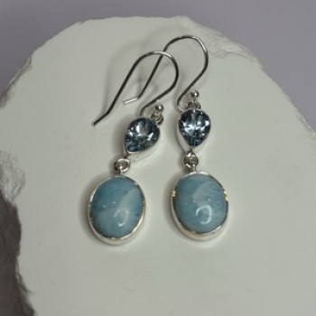 925 Sterling Silver Larimar & Topaz Earrings Length 1.7 Inch
