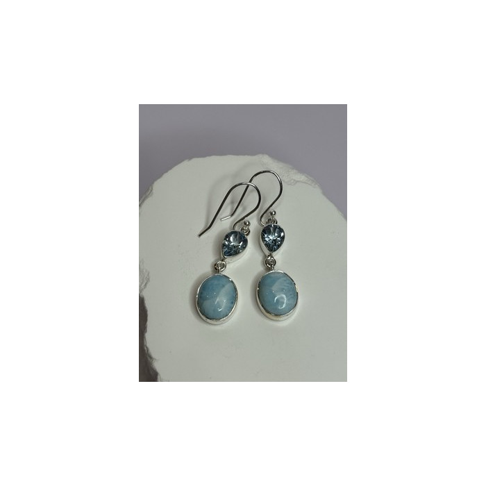 925 Sterling Silver Larimar & Topaz Earrings Length 1.7 Inch