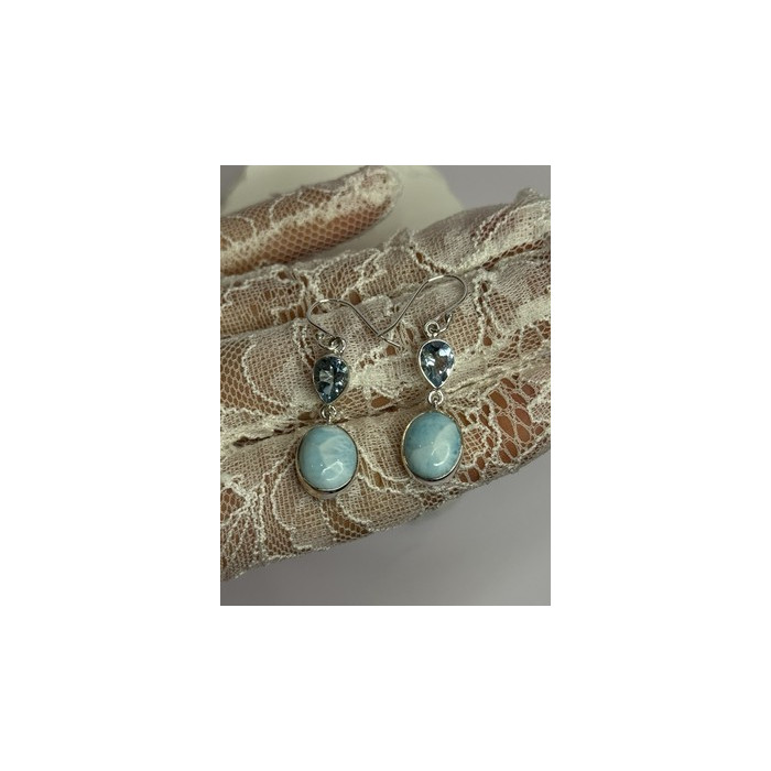 925 Sterling Silver Larimar & Topaz Earrings Length 1.7 Inch
