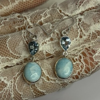 925 Sterling Silver Larimar & Topaz Earrings Length 1.7 Inch