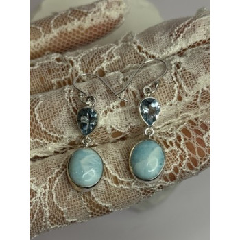 925 Sterling Silver Larimar & Topaz Earrings Length 1.7 Inch