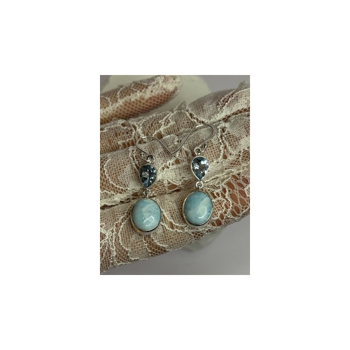925 Sterling Silver Larimar & Topaz Earrings Length 1.7 Inch