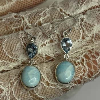 925 Sterling Silver Larimar & Topaz Earrings Length 1.7 Inch