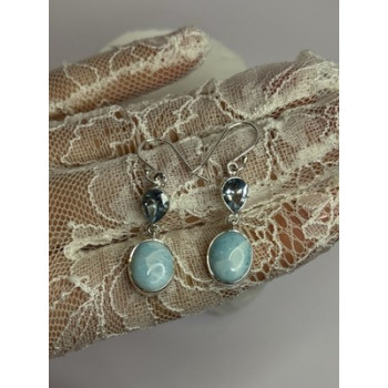 925 Sterling Silver Larimar & Topaz Earrings Length 1.7 Inch