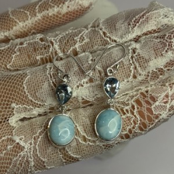 925 Sterling Silver Larimar & Topaz Earrings Length 1.7 Inch