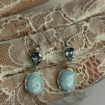 925 Sterling Silver Larimar & Topaz Earrings Length 1.7 Inch