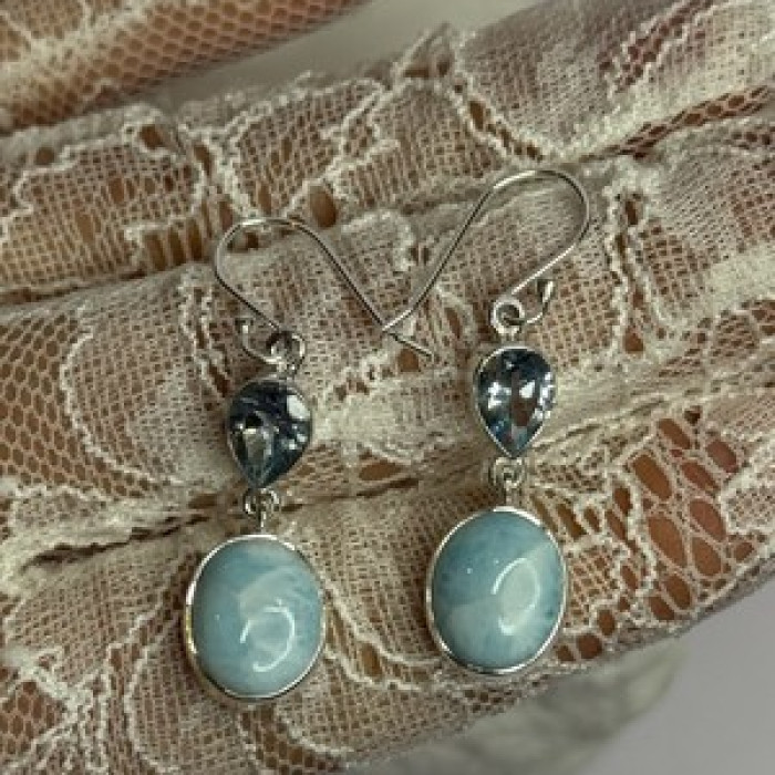 925 Sterling Silver Larimar & Topaz Earrings Length 1.7 Inch