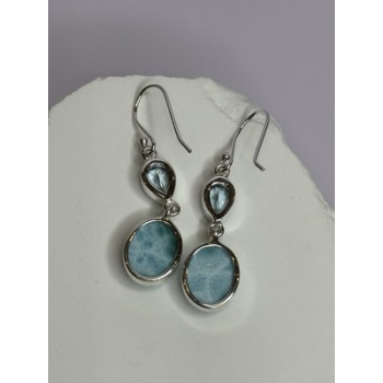 925 Sterling Silver Larimar & Topaz Earrings Length 1.7 Inch