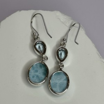 925 Sterling Silver Larimar & Topaz Earrings Length 1.7 Inch