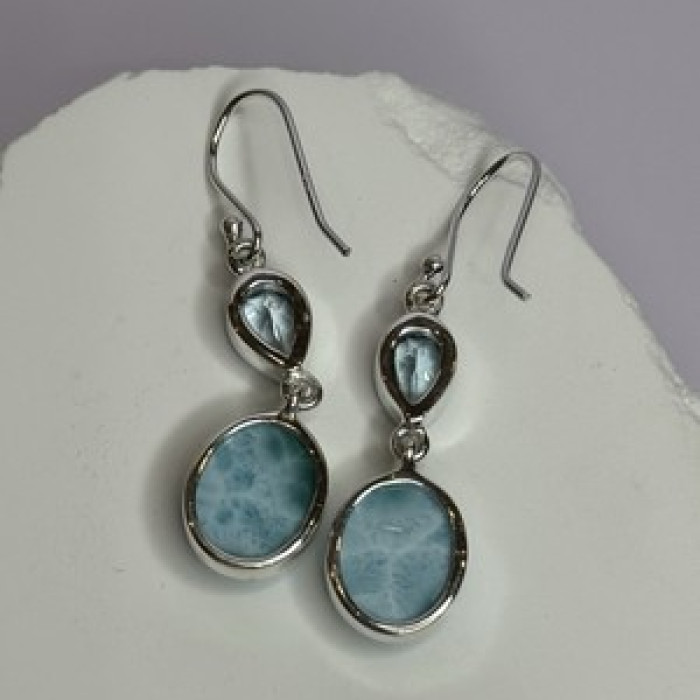 925 Sterling Silver Larimar & Topaz Earrings Length 1.7 Inch