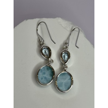 925 Sterling Silver Larimar & Topaz Earrings Length 1.7 Inch