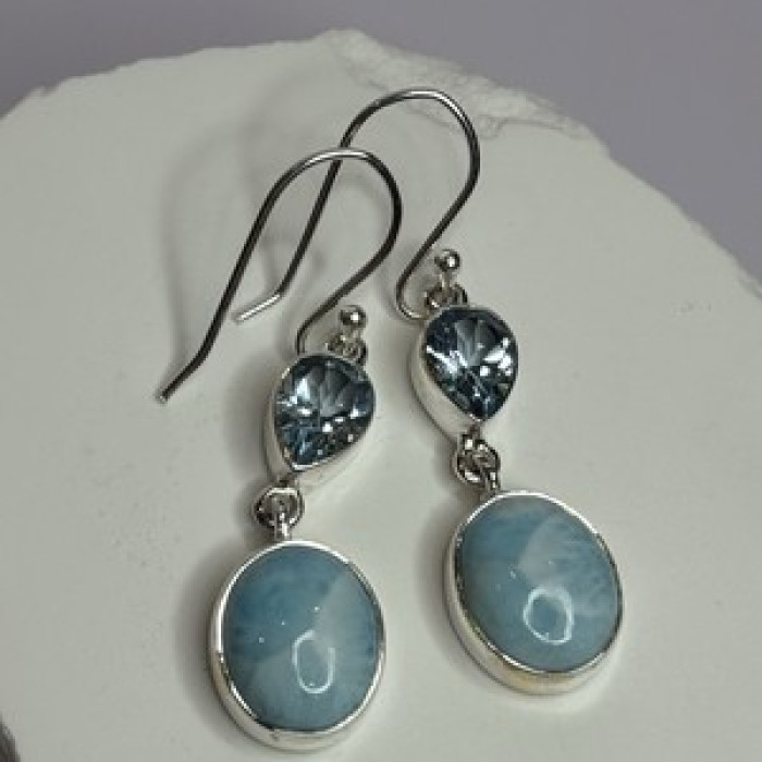 925 Sterling Silver Larimar & Topaz Earrings Length 1.7 Inch