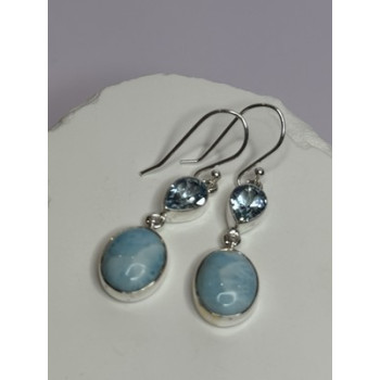 925 Sterling Silver Larimar & Topaz Earrings Length 1.7 Inch