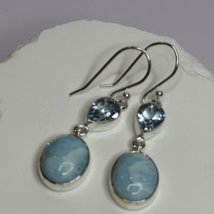 925 Sterling Silver Larimar & Topaz Earrings Length 1.7 Inch