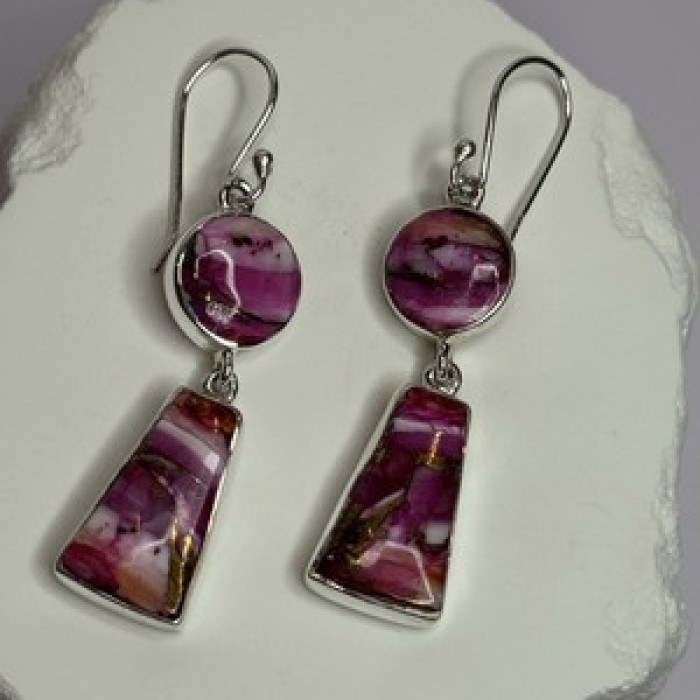 925 Sterling Silver Pink Oyster Turquoise Earrings Length 2 Inch