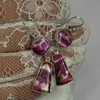 925 Sterling Silver Pink Oyster Turquoise Earrings Length 2 Inch