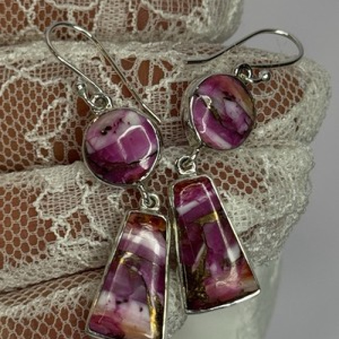 925 Sterling Silver Pink Oyster Turquoise Earrings Length 2 Inch
