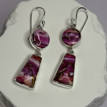 925 Sterling Silver Pink Oyster Turquoise Earrings Length 2 Inch